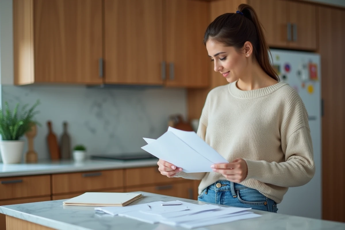 Femme triant du courrier dans une cuisine moderne
