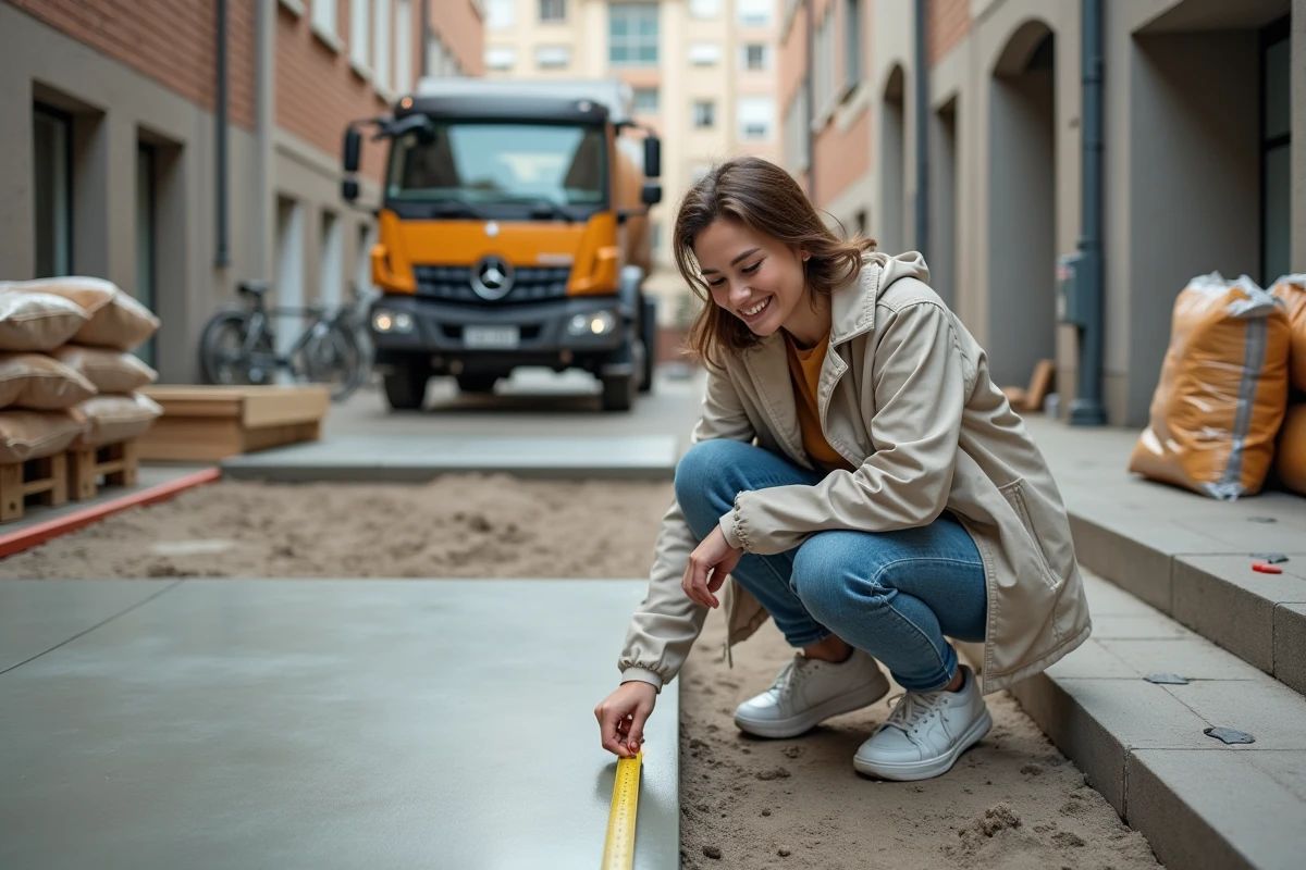 Jeune femme vérifiant une dalle de béton fraîche dans une cour urbaine