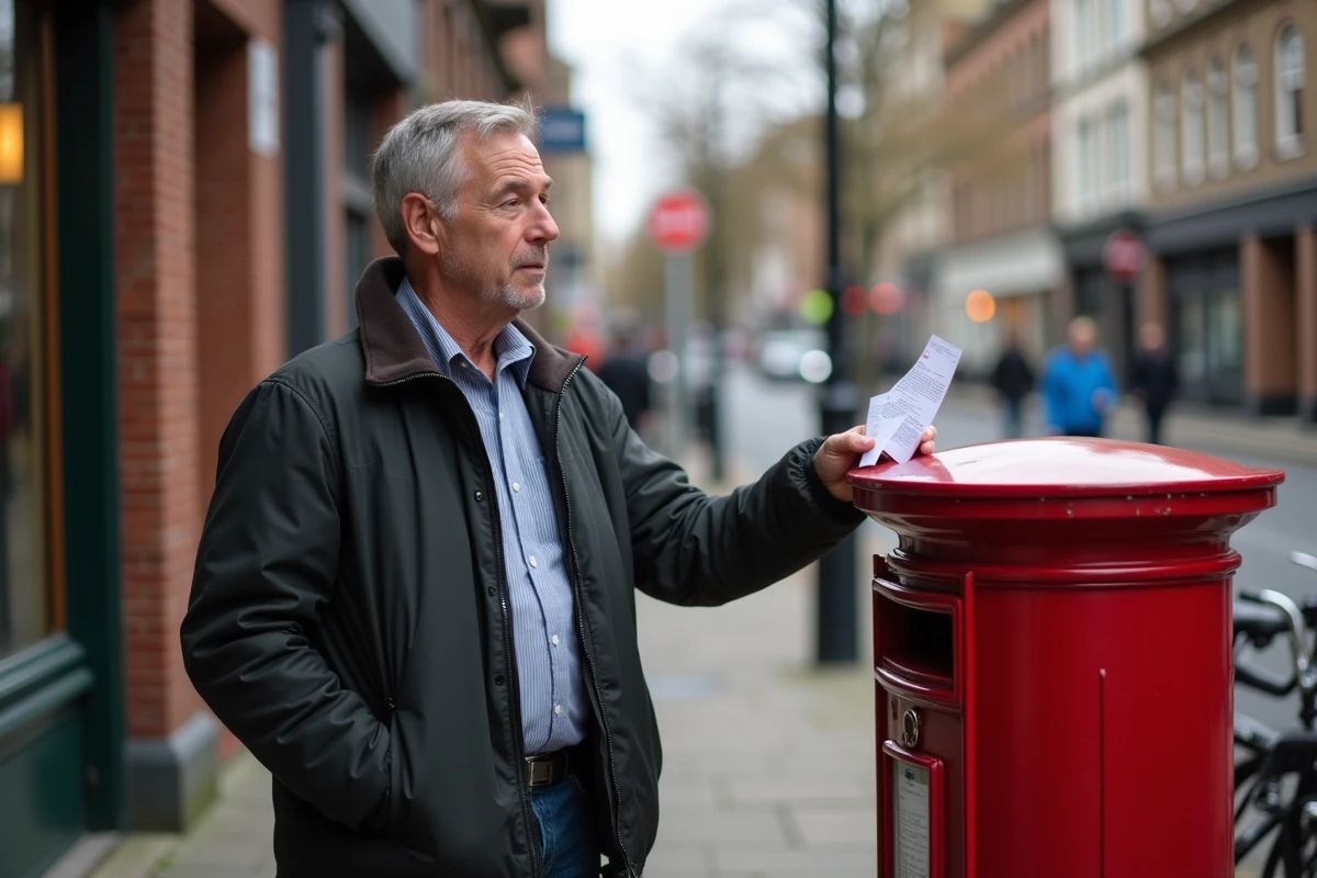 Homme déposant un courrier dans une boîte aux lettres urbaine