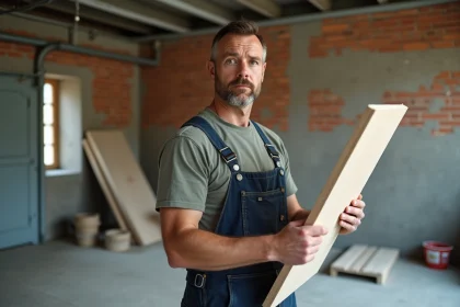 Homme en overalls examinant un panneau isolant dans un garage en rénovation