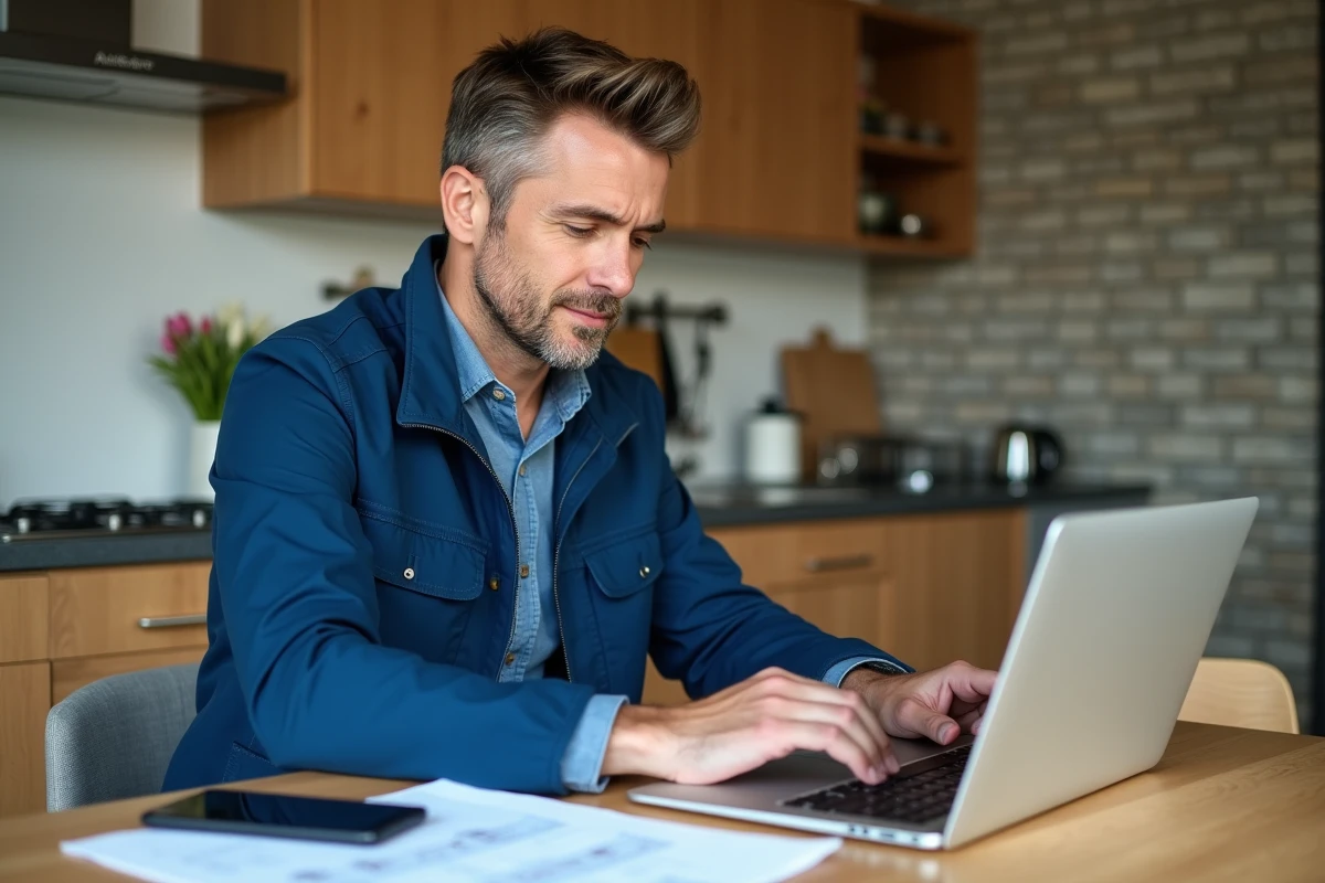 Homme en veste bleue consulte des devis de renovation dans une cuisine moderne