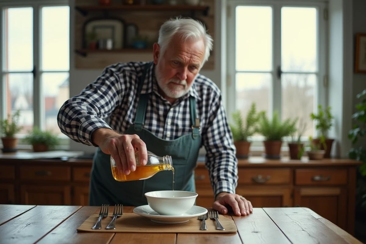 Homme âgé versant du vinaigre dans une assiette en porcelaine