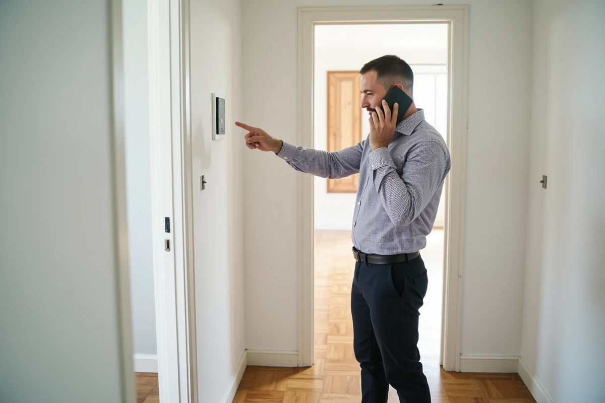 Homme en costume vérifiant une prise téléphonique dans un couloir