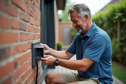 Homme connectant une prise étanche pour TV dans un jardin