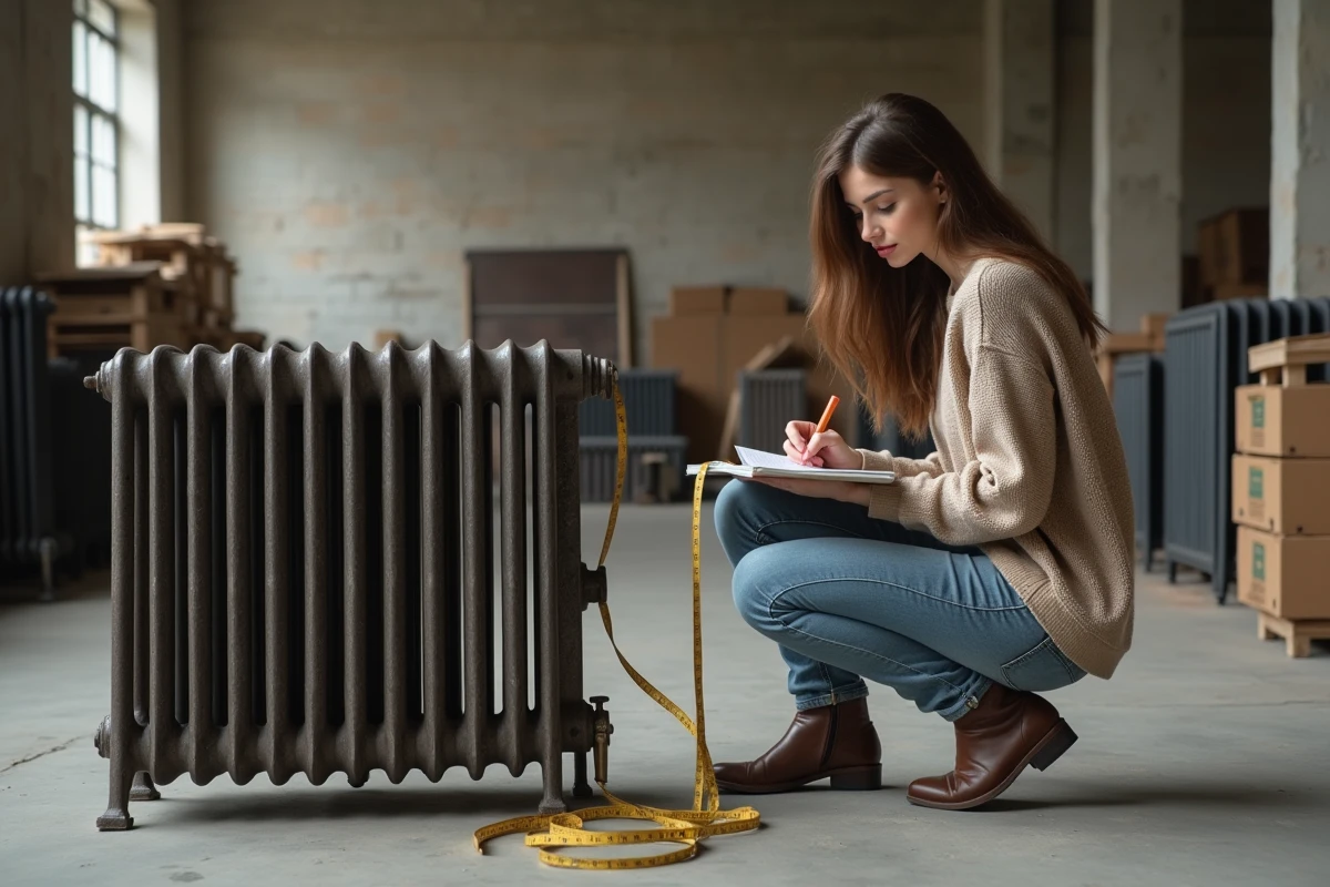 Jeune femme mesurant un radiateur dans un atelier industriel