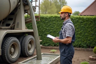 Ouvrier en tenue de chantier près d'une bétonnière en action