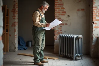 Ouvrier vérifiant un plan près d'un radiateur ancien dans un appartement en rénovation
