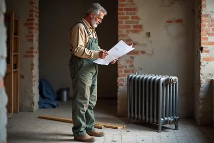 Ouvrier vérifiant un plan près d'un radiateur ancien dans un appartement en rénovation
