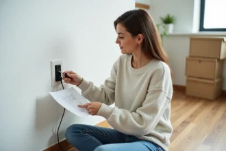 Femme examinant une prise téléphonique ancienne dans un appartement