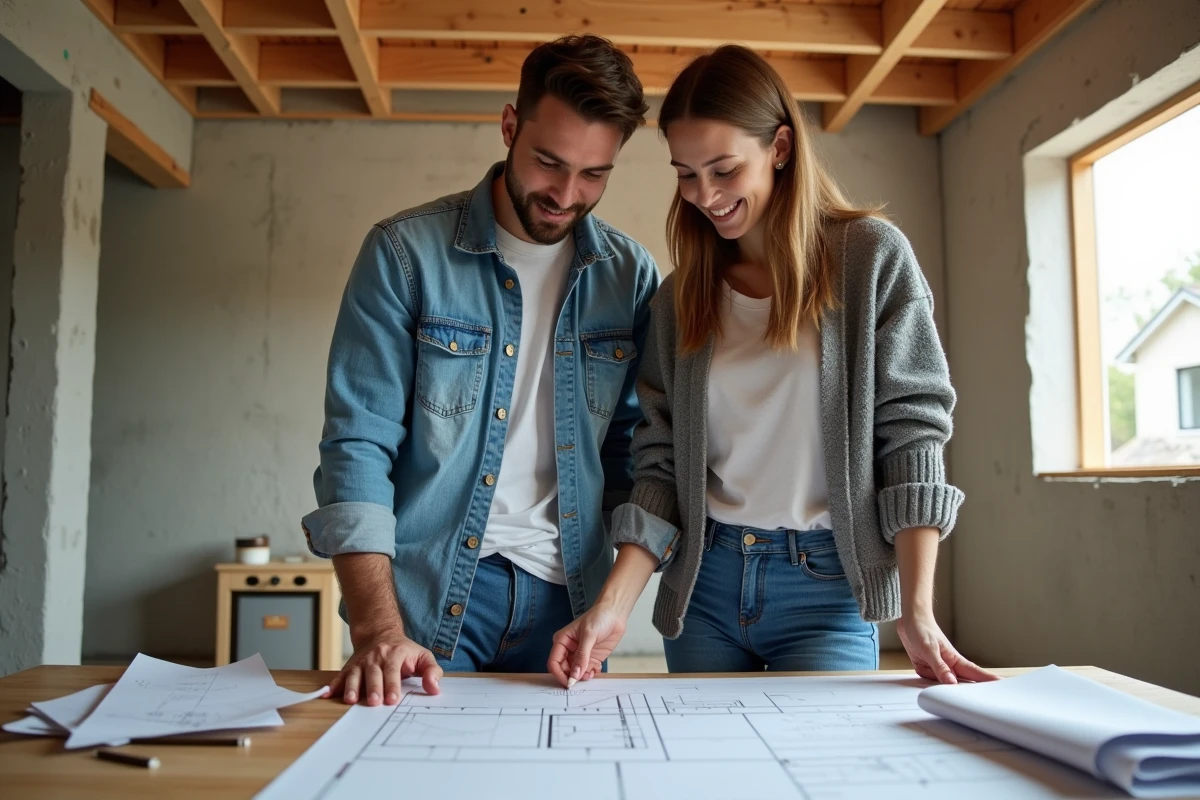 Couple en plan architectural sur un chantier en construction