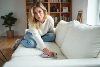 Femme nettoyant un canapé en cuir blanc dans un salon lumineux