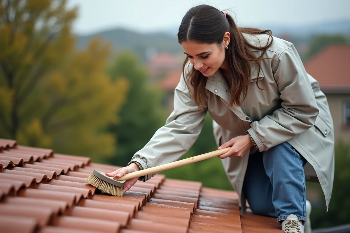 Jeune femme scrubbant un toit en tuiles en terre cuite avec une brosse