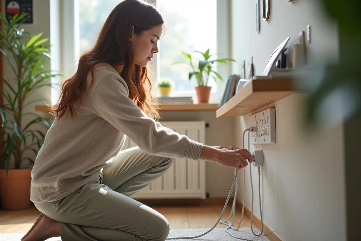 Jeune femme fixant une multiprise dans un espace de travail