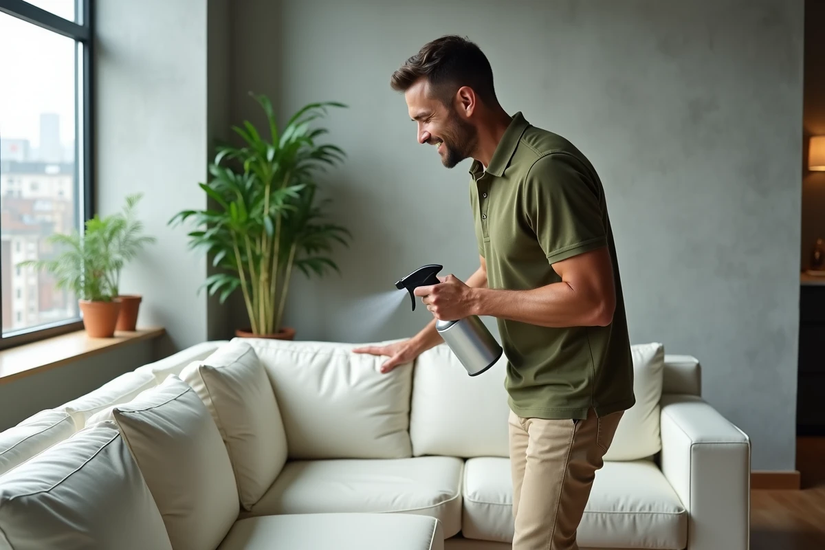 Homme vaporisant un produit d