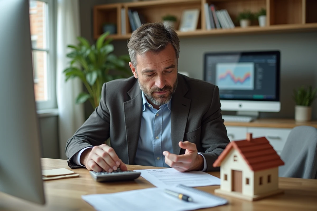 Homme en plan de bureau avec maquette de maison et calculatrice