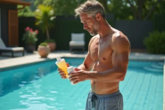 Homme d'âge moyen tenant un produit chimique pour piscine