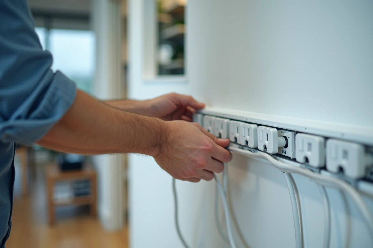 Homme installant des prises électriques dans un bureau moderne