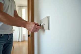 Homme installant un interrupteur moderne sur un mur blanc dans un appartement rénové