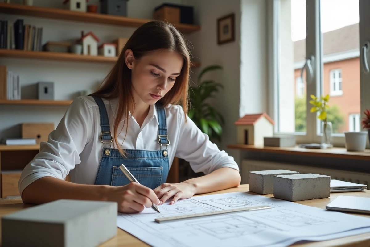 Jeune femme étudiant des plans de maçonnerie dans un bureau