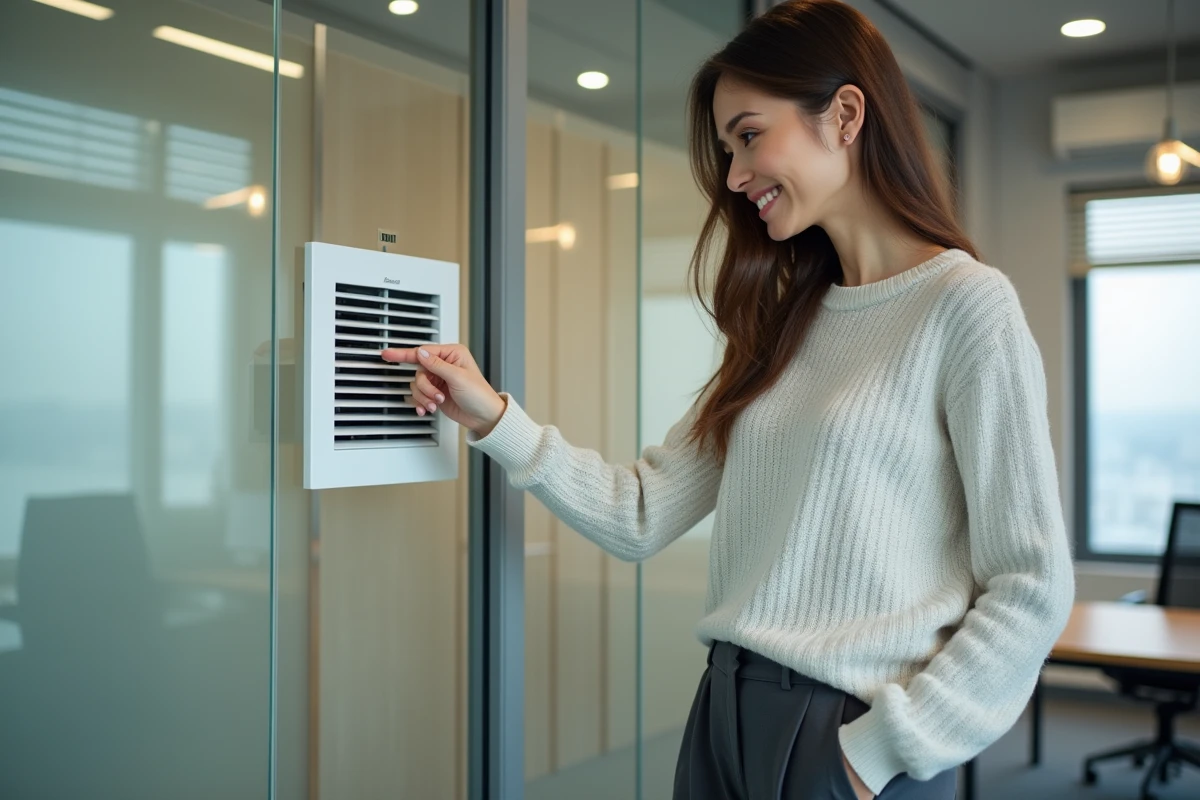 Jeune femme observant un ventilateur de bureau moderne