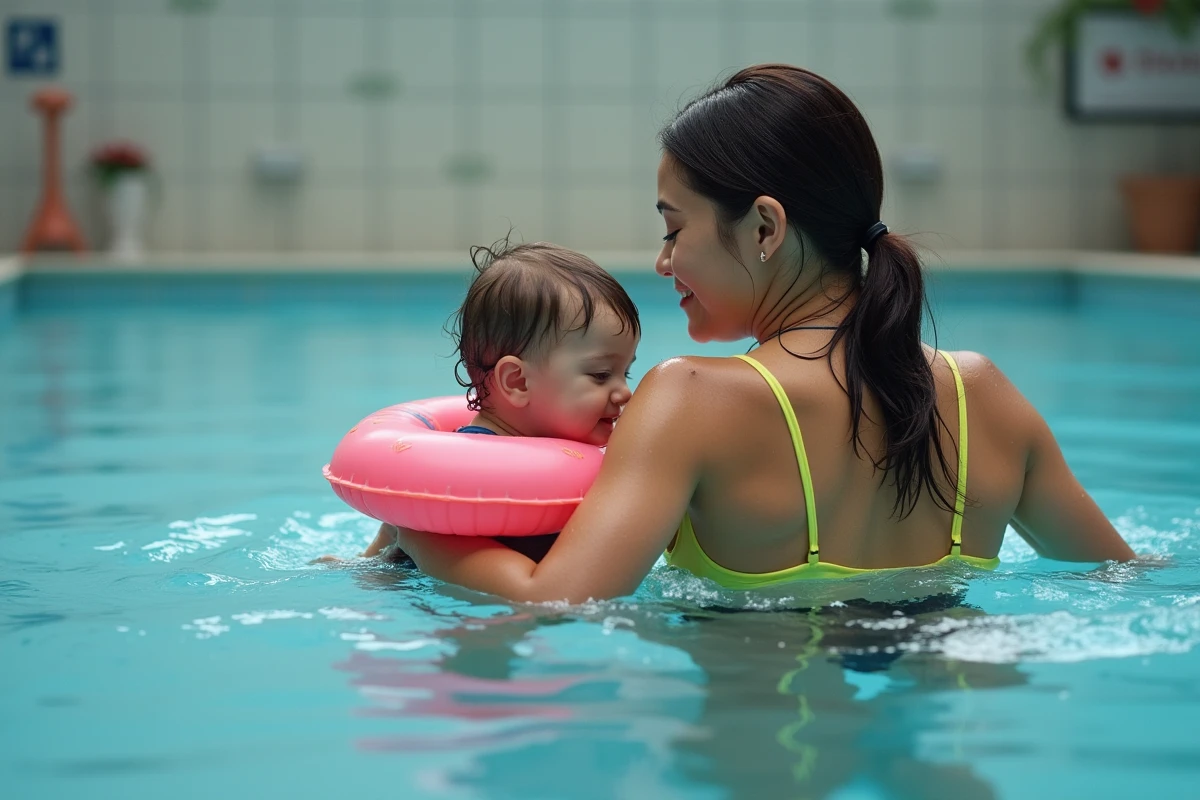 Mère et enfant nageant avec des brassards dans la piscine