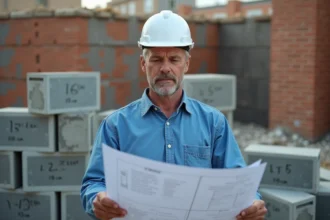Maçon en bleu examinant des plans et des briques sur un chantier
