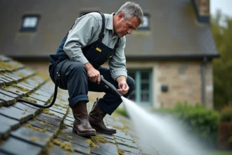 Homme en tenue de travail nettoyant un toit en ardoise avec un karcher