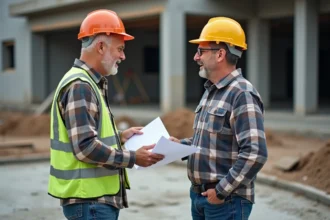 Ouvrier et homme d affaires discutant sur un chantier