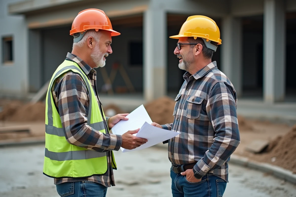 Ouvrier et homme d affaires discutant sur un chantier