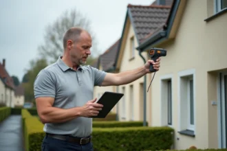 Auditeur énergétique inspectant la façade d'une maison individuelle avec une tablette numérique et un thermomètre infrarouge lors d'un audit de rénovation globale