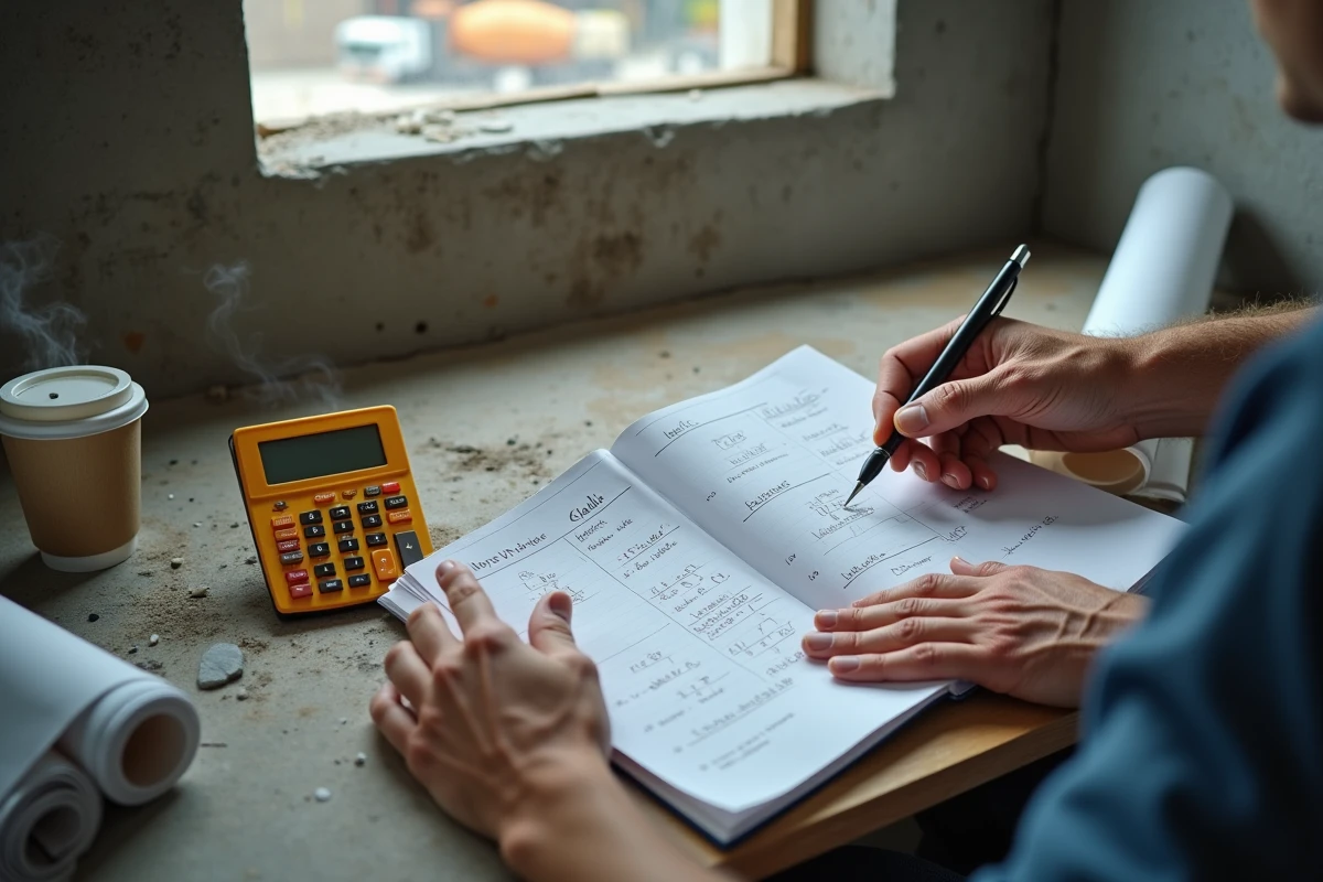Mains de maçon calculant le volume de béton en m3 sur un carnet de chantier avec calculatrice