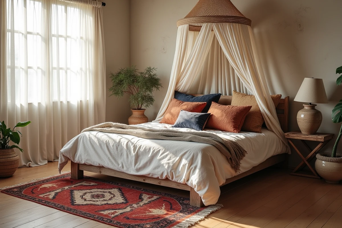 Chambre bohème chic avec lit bas en bois, coussins ethniques et baldaquin en crochet