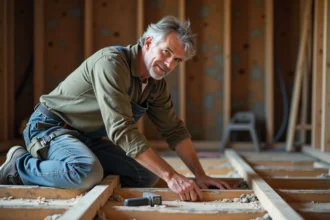 Charpentier inspectant une lambourde abîmée sous un plancher en bois démonté dans une maison en rénovation