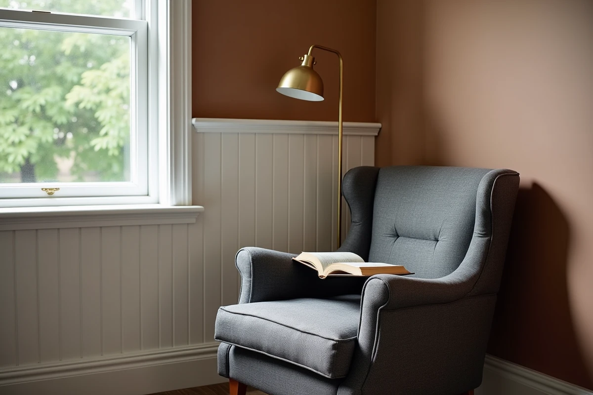 Coin lecture cosy avec fauteuil Voltaire en laine chevron anthracite dans une chambre parentale avec lambris blanc et étagère de livres intégrée