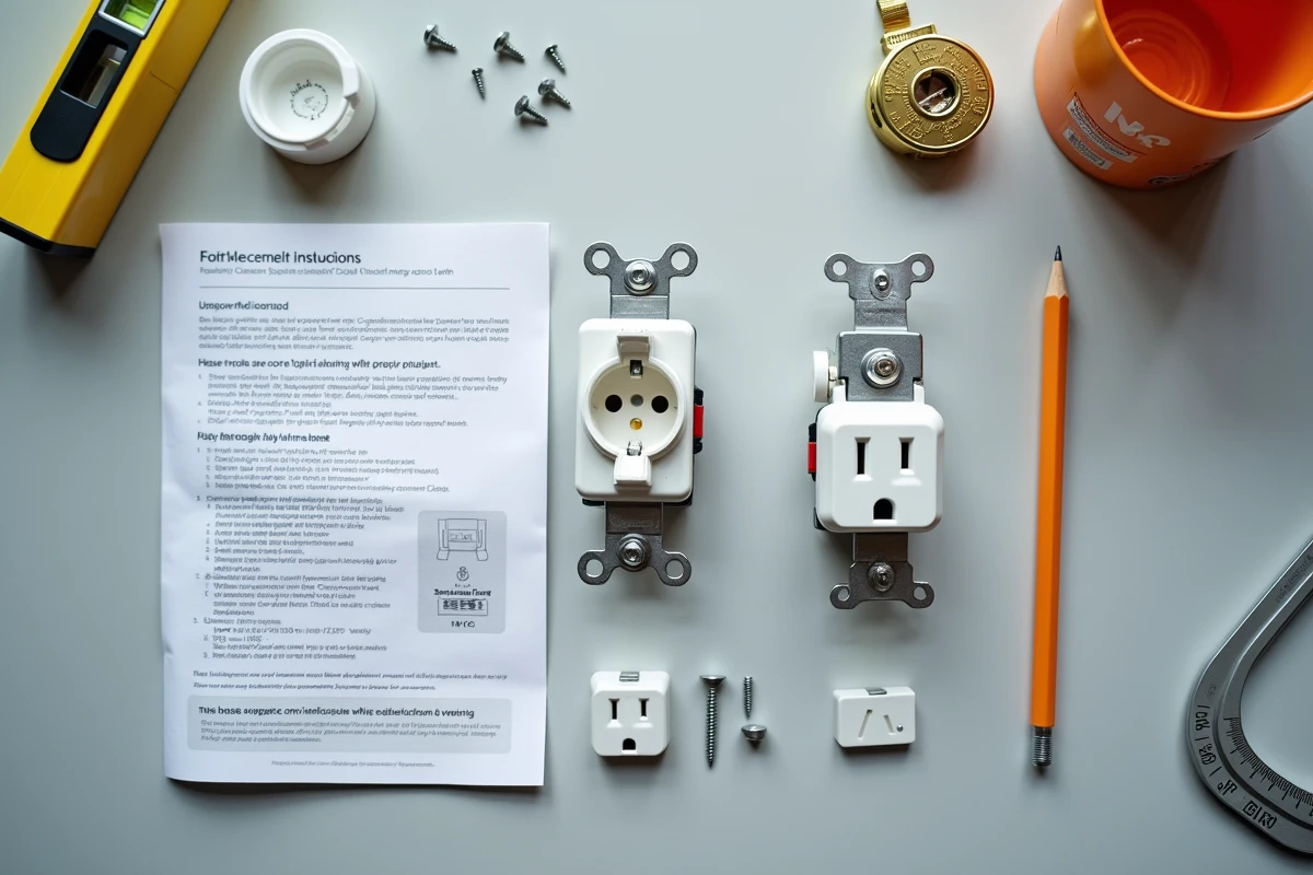 Vue de dessus des composants d'une prise double Legrand démontée sur un plan de travail de cuisine avec outils de pose