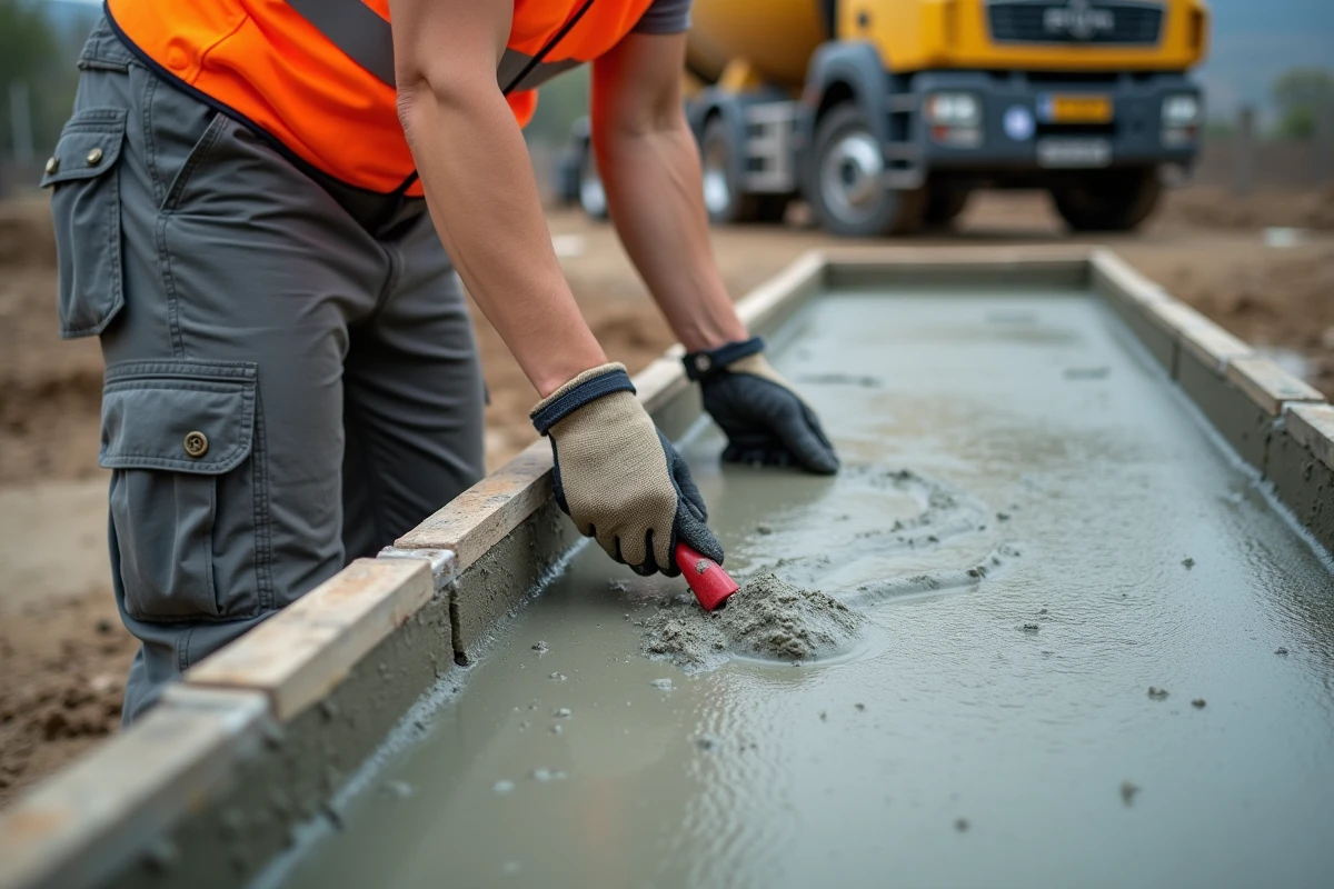 Ouvrière lissant du béton frais coulé dans un coffrage rectangulaire sur un chantier de construction