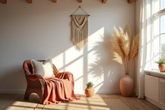 Salon décoré dans un style bohème chic avec fauteuil en rotin, plaid en terracotta et suspension en macramé