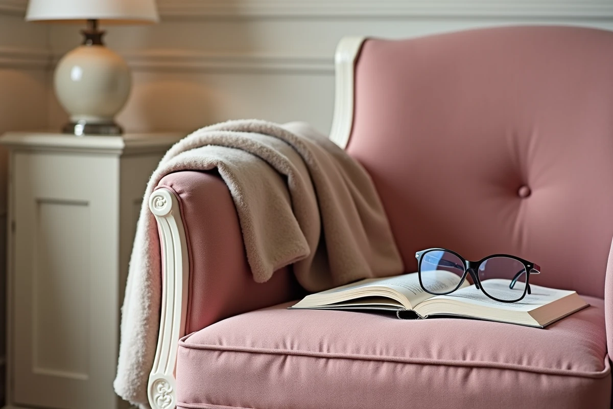 Détail du tissu bouclé rose poudré et de la finition bois ivoire d'un fauteuil Voltaire restauré avec plaid cachemire et livre ouvert