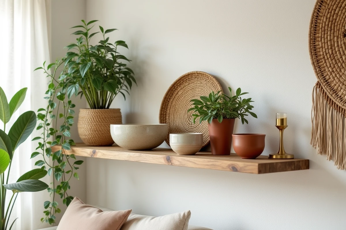 Étagère décorative bohème chic avec céramiques artisanales, paniers tressés et plantes en pot en terracotta