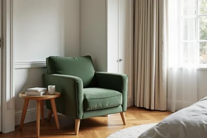 Fauteuil Voltaire rénové en velours vert sauge dans un coin lecture de chambre parentale avec parquet en chêne et rideau en lin