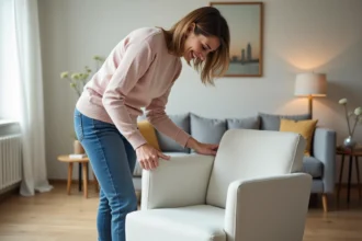 Femme posant une housse de canapé moderne dans un salon lumineux