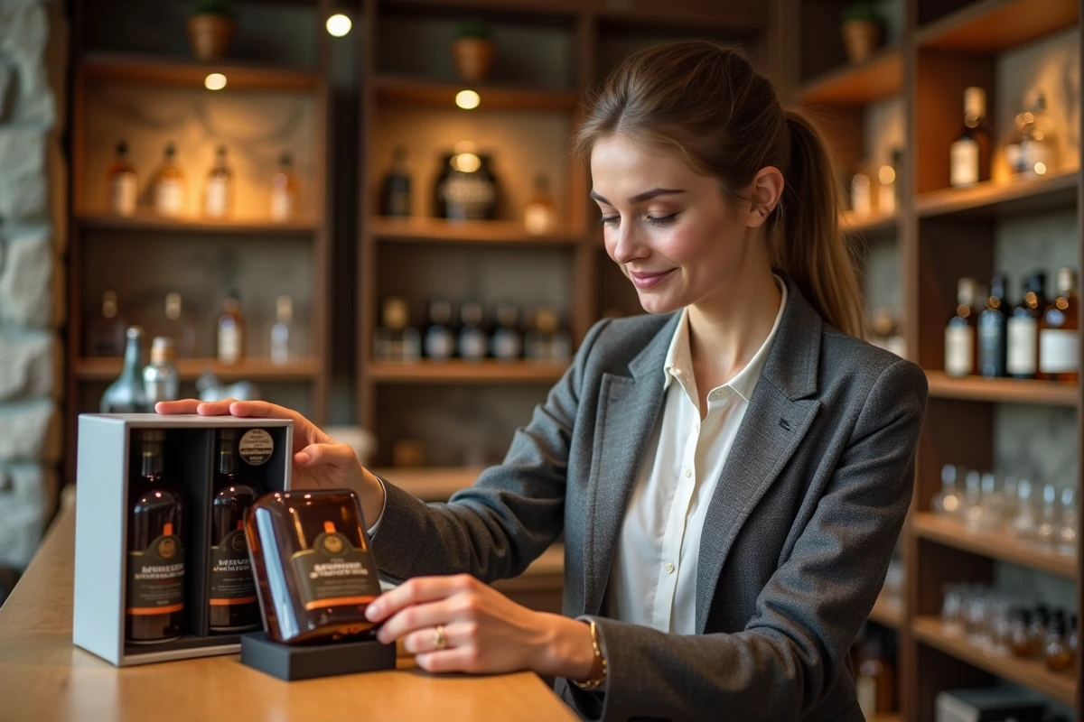 Jeune femme choisissant un coffret whisky dans une boutique