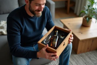 Homme ouvrant une boîte à whisky élégante dans un salon cosy