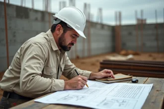 Ingénieur civil sur chantier consultant des plans de coffrage avec calculs de volume en m3 de béton