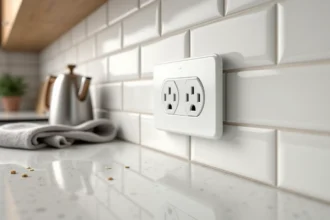 Prise double Legrand encastrée dans un carrelage blanc de cuisine moderne avec plan de travail en quartz et bouilloire branchée