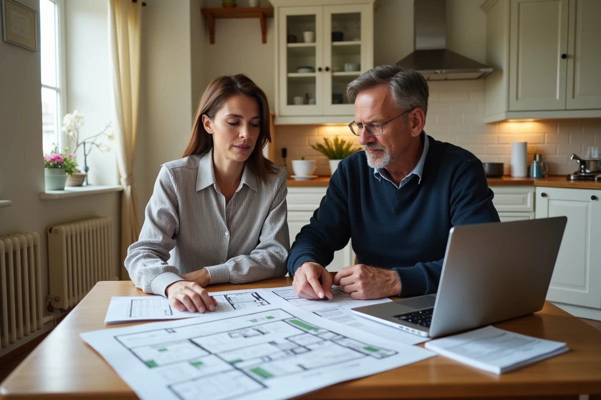 Couple de propriétaires étudiant un rapport d'audit énergétique sur la table de leur cuisine avec des plans de rénovation et un ordinateur portable