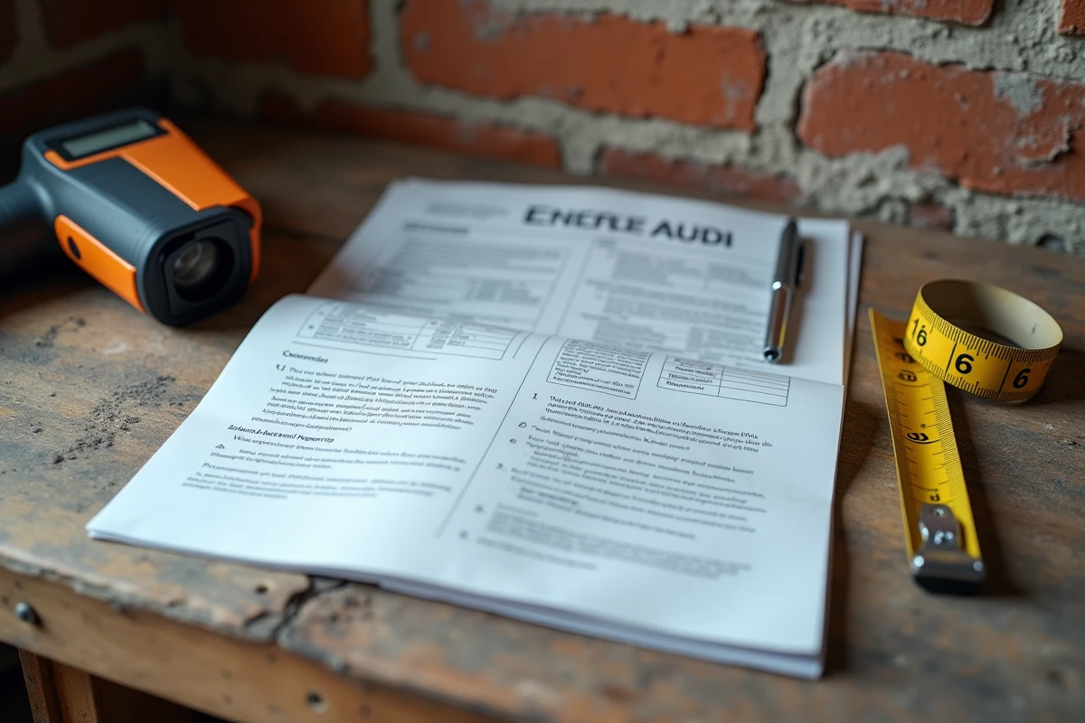 Rapport d'audit énergétique ouvert sur un établi de chantier avec une caméra thermique et des outils de mesure professionnels pour rénovation globale