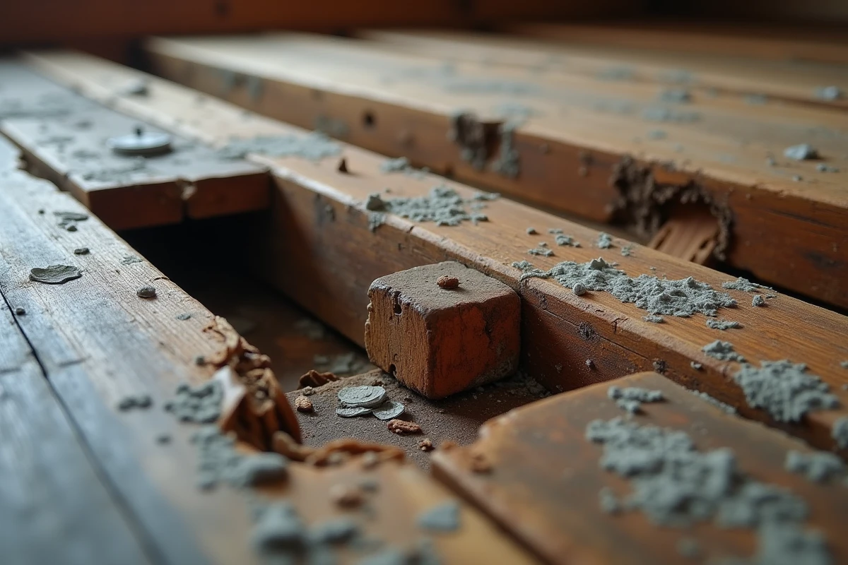 Gros plan sur une solive et une lambourde détériorées visibles sous un plancher en bois ouvert lors d'une inspection structurelle