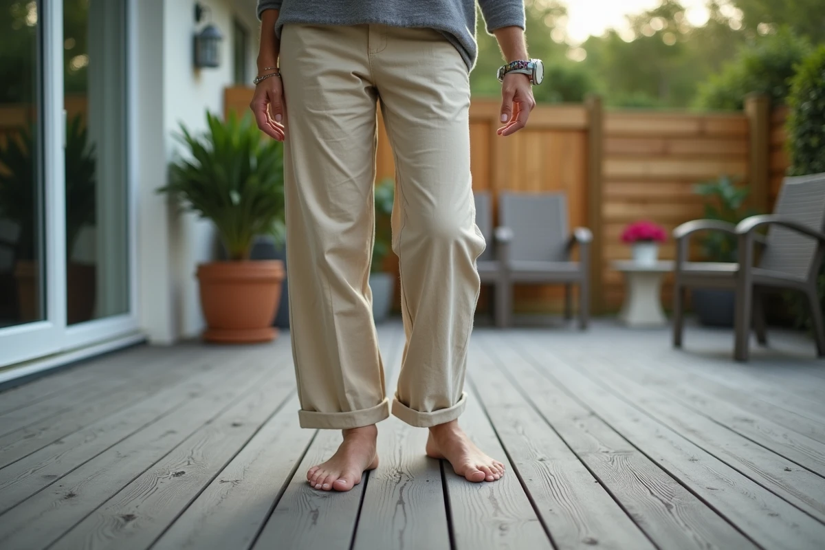 Femme testant la flexibilité d'une terrasse en bois extérieure dont les lambourdes semblent affaissées sous les lames de composite