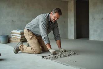 Ouvrier du bâtiment appliquant un ragréage autonivelant sur un sol en béton avant la pose d'un stratifié